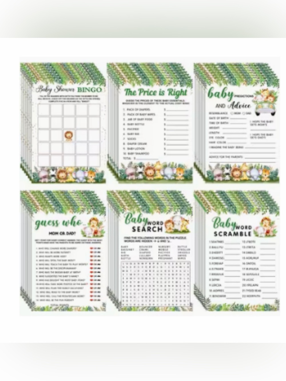 Baby Shower Game Pack 302 pcs- Green Jungle Themed Party Games